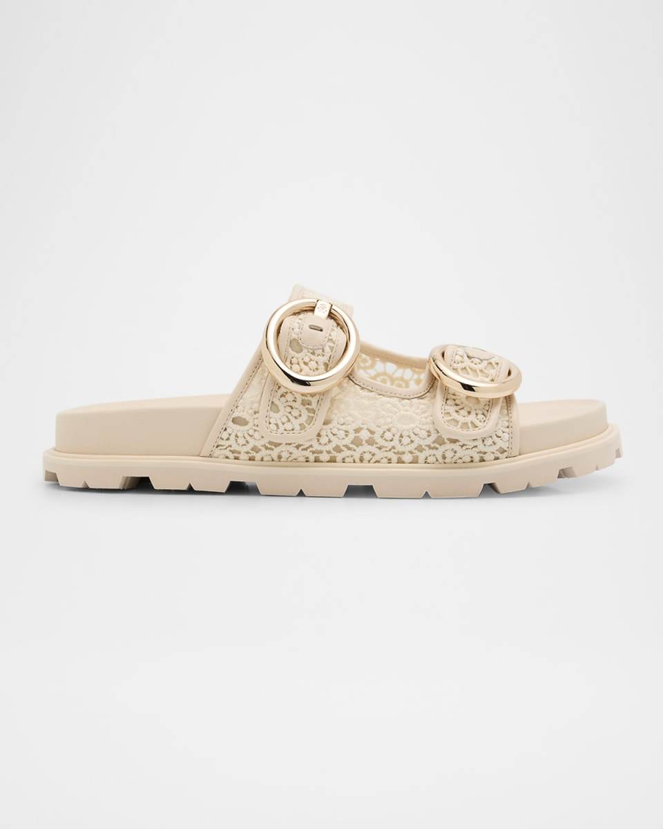 Benni Lace Double-Buckle Slide Sandals
